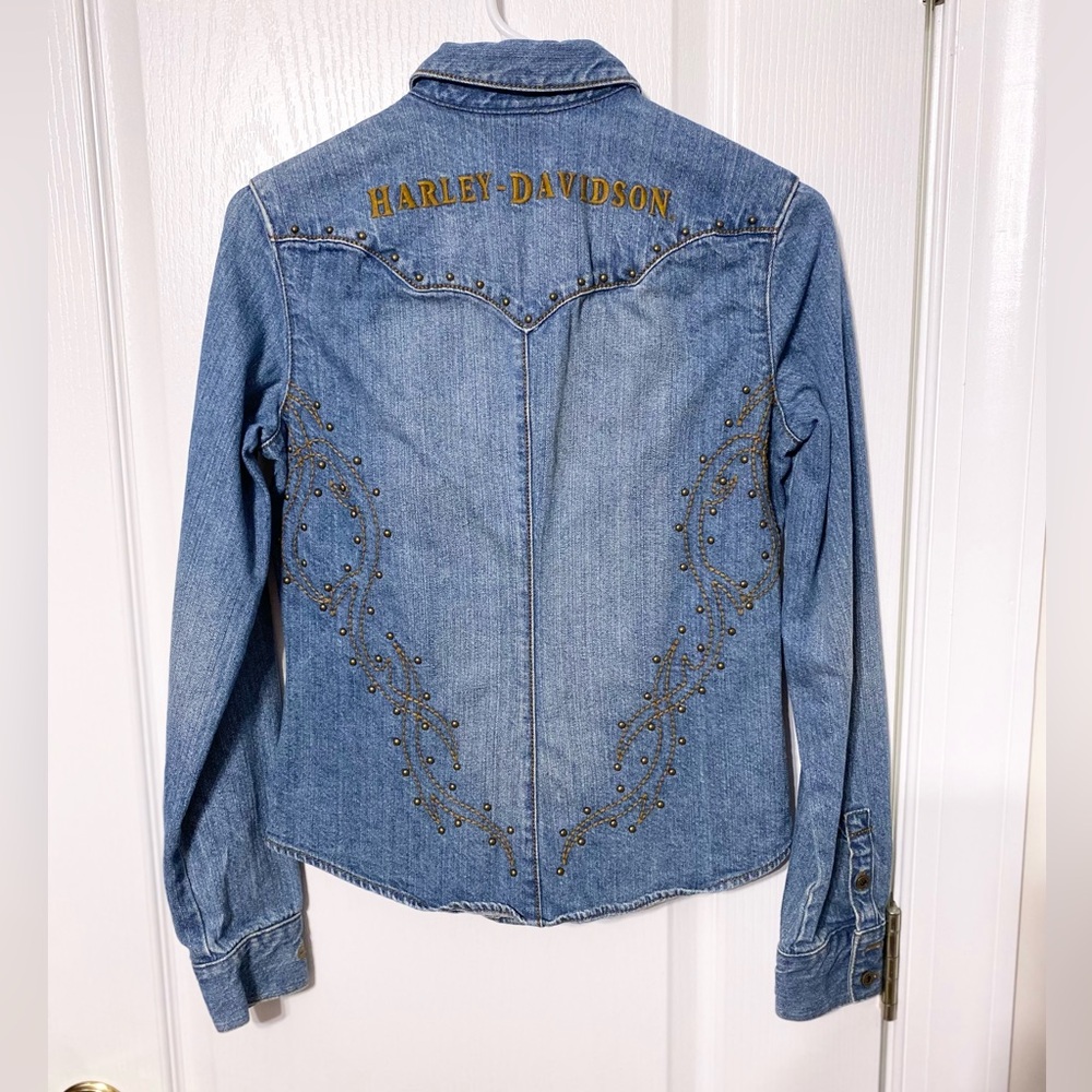 Y2K Harley Davidson Studded Embroidered Denim Shirt Size XS
